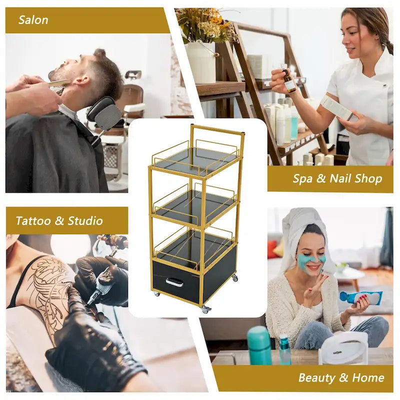 Beauty Salon Storage Trolley Cart,with Lockable Rolling Wheels,Metal Frame Marbled Board,Drawer Barber Salon Furniture