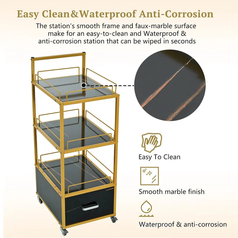 Beauty Salon Storage Trolley Cart,with Lockable Rolling Wheels,Metal Frame Marbled Board,Drawer Barber Salon Furniture