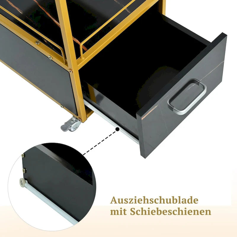 Beauty Salon Storage Trolley Cart,with Lockable Rolling Wheels,Metal Frame Marbled Board,Drawer Barber Salon Furniture
