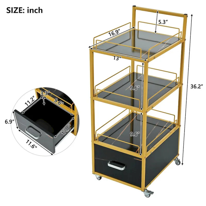 Beauty Salon Storage Trolley Cart,with Lockable Rolling Wheels,Metal Frame Marbled Board,Drawer Barber Salon Furniture