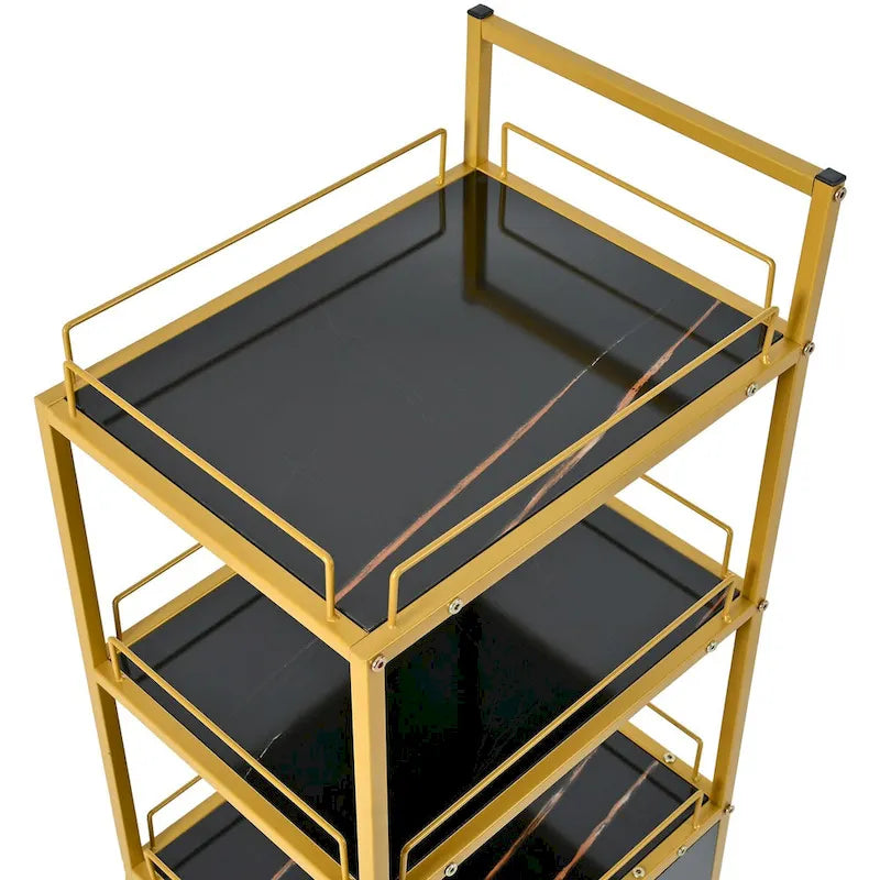 Beauty Salon Storage Trolley Cart,with Lockable Rolling Wheels,Metal Frame Marbled Board,Drawer Barber Salon Furniture