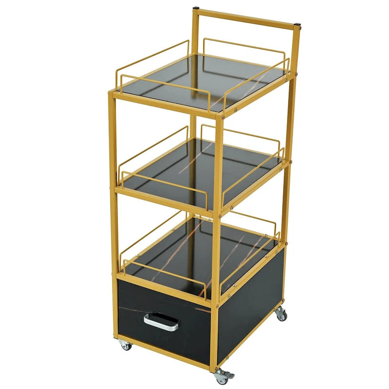 Beauty Salon Storage Trolley Cart,with Lockable Rolling Wheels,Metal Frame Marbled Board,Drawer Barber Salon Furniture