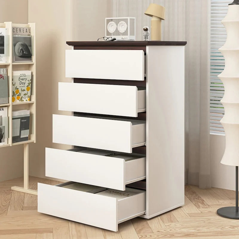 Tall White Dresser for Bedroom, Mid Century Modern Dresser with Drawers, 5 Drawer Dresser with Wood Color Top, Small Dresser