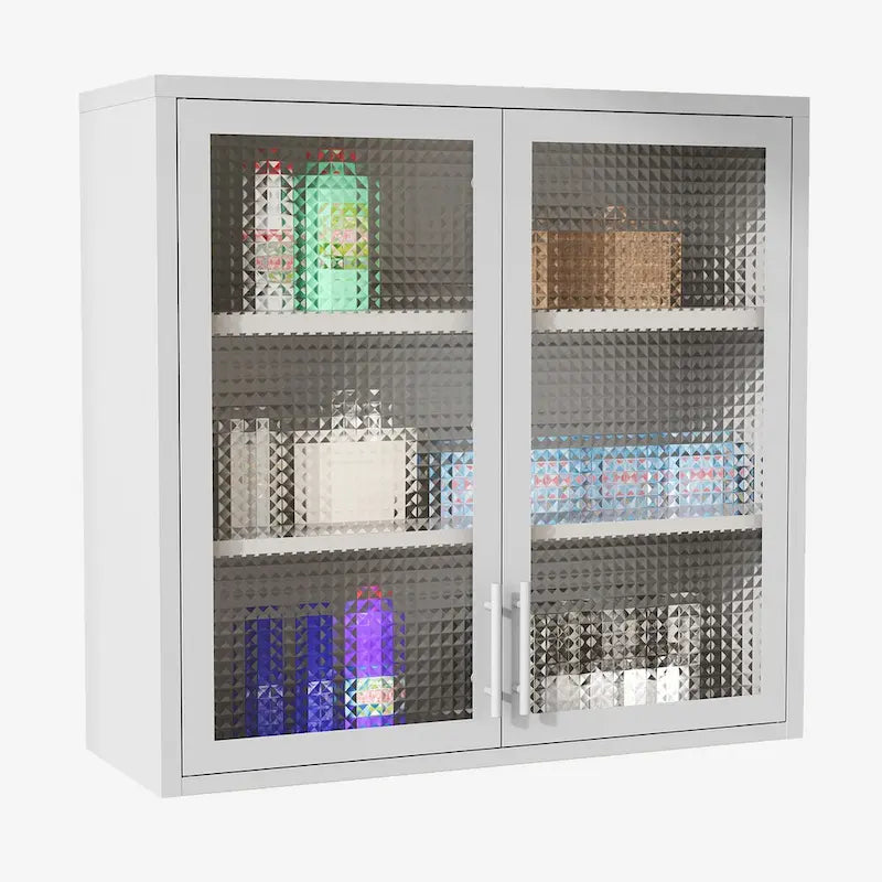 Wall Mounted Cabinet Table-Top Storage Cabinet with Hazy Glass Doors and 2 Adjustable Shelves for Living Room