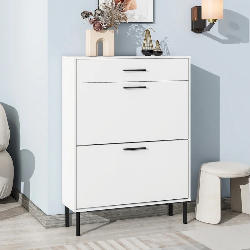 Shoe Cabinet, Freestanding Shoe Rack Storage Organizer with Drawers & Metal Legs, Shoe Storage Cabinet with 2 Flip Drawers