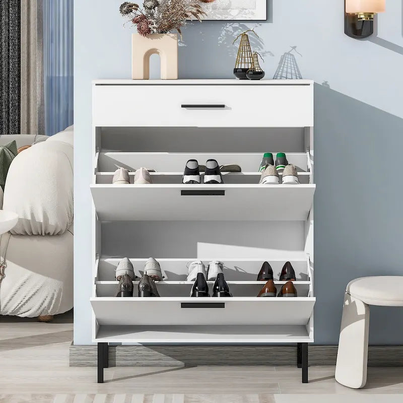 Shoe Cabinet, Freestanding Shoe Rack Storage Organizer with Drawers & Metal Legs, Shoe Storage Cabinet with 2 Flip Drawers