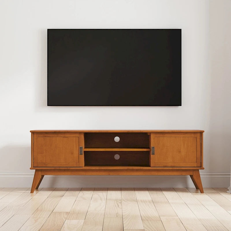 SOLID HARDWOOD 72 inch Wide Modern TV Media Stand in Teak Brown For TVs up to 80 inches